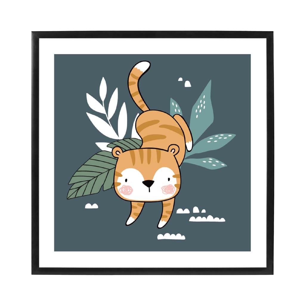 Cute Tiger Poster on Teal Blue Jungle Kids Wall Art