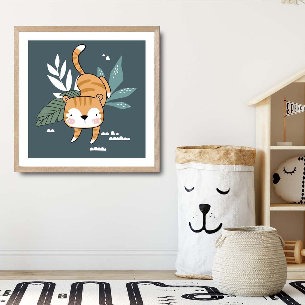 Cute Tiger Poster on Teal Blue Jungle Kids Wall Art