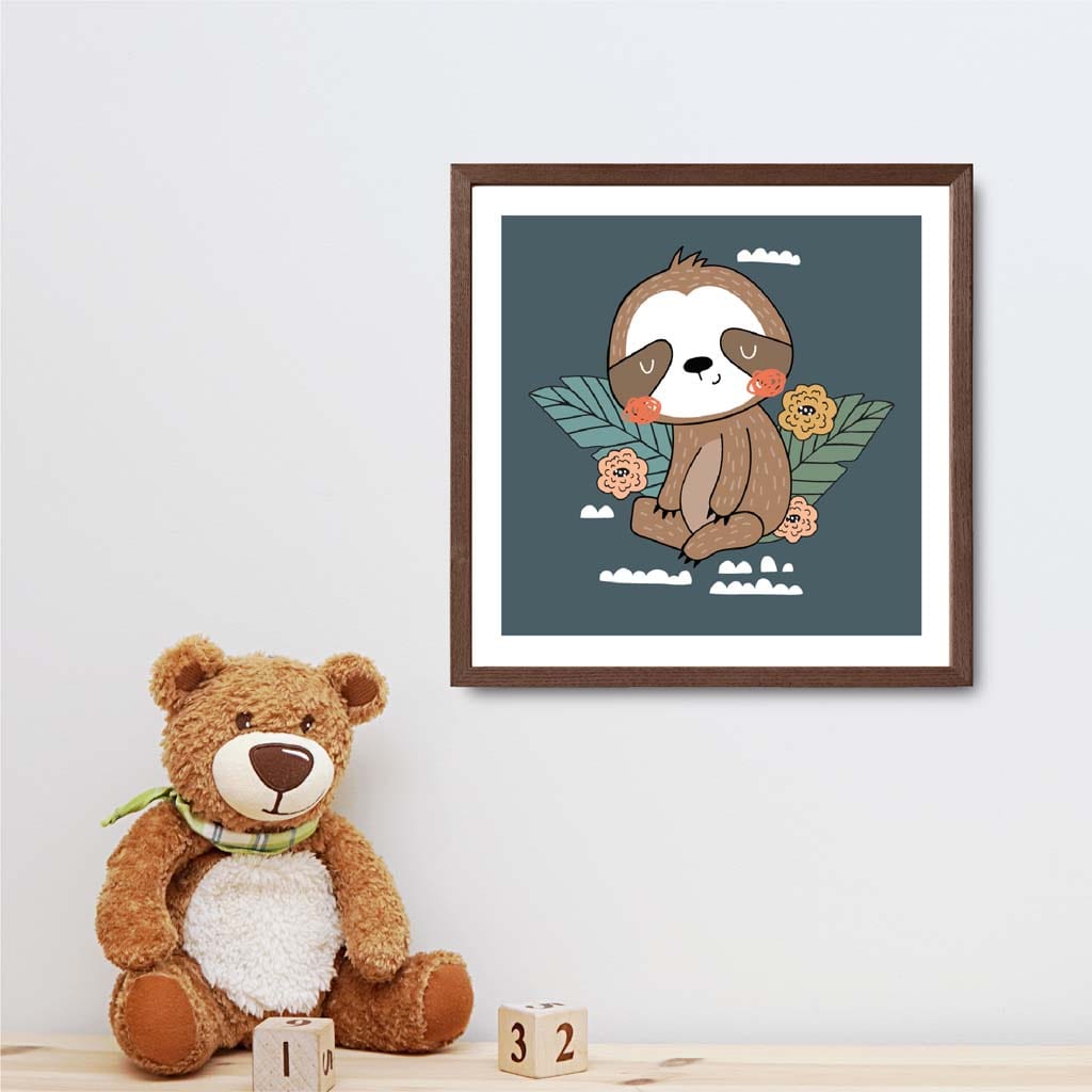 Cute Sloth Poster on Teal Blue Jungle Kids Wall Art