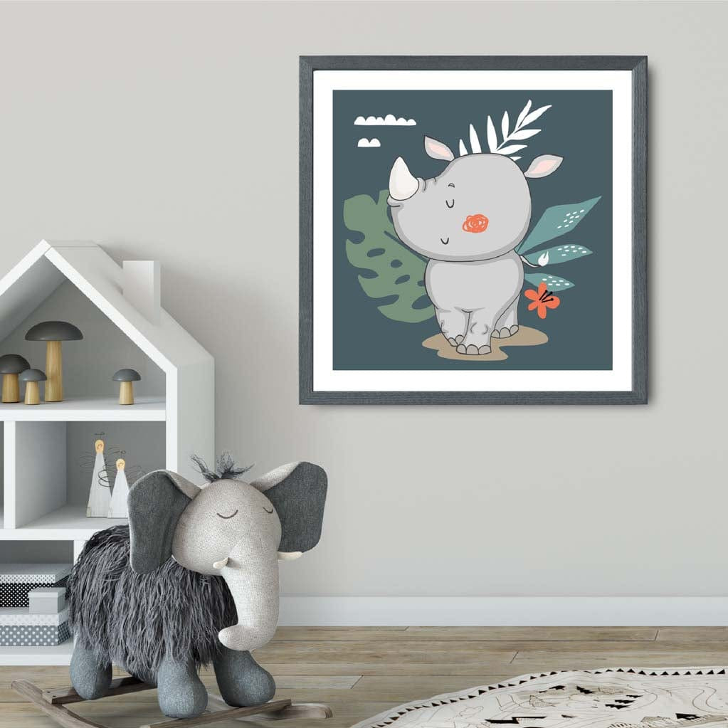 Cute Rhino Poster on Teal Blue Jungle Kids Wall Art