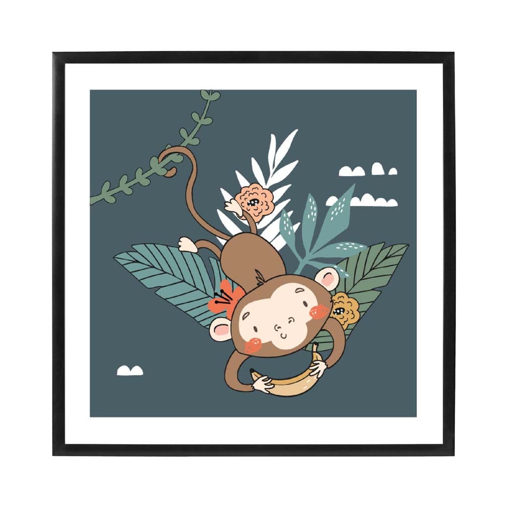 Cute Monkey Poster on Teal Blue Jungle Kids Wall Art