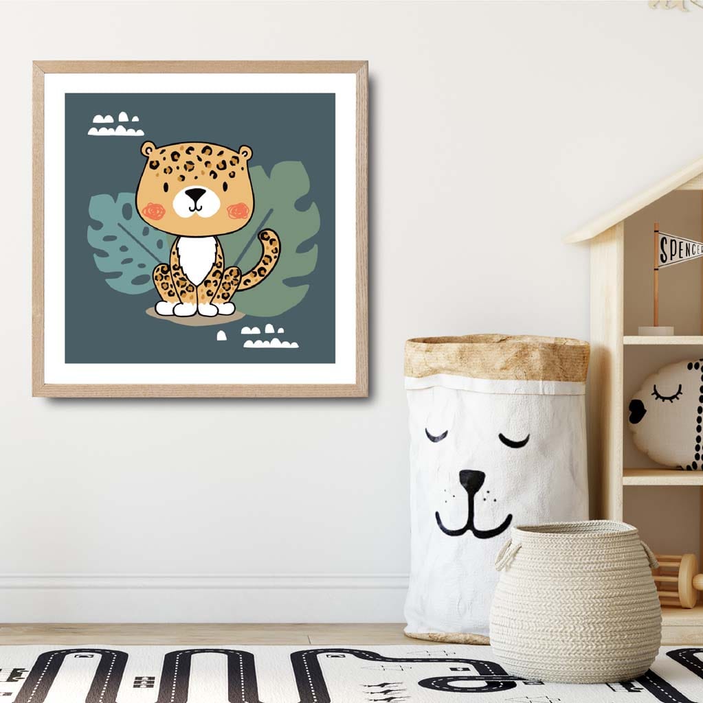 Cute Leopard Poster on Teal Blue Jungle Kids Wall Art