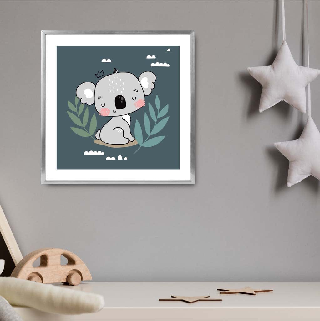Cute Koala Poster on Teal Blue Jungle Kids Wall Art