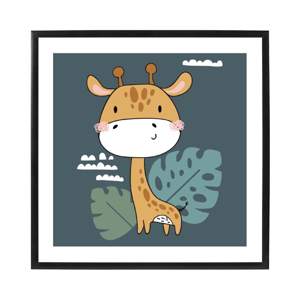 Cute Giraffe Poster on Teal Blue Jungle Kids Wall Art