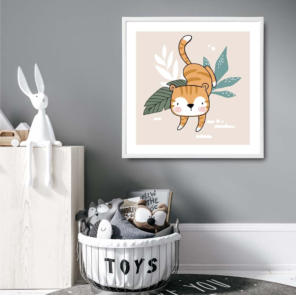 Cute Tiger Poster on Beige Jungle Kids Wall Art