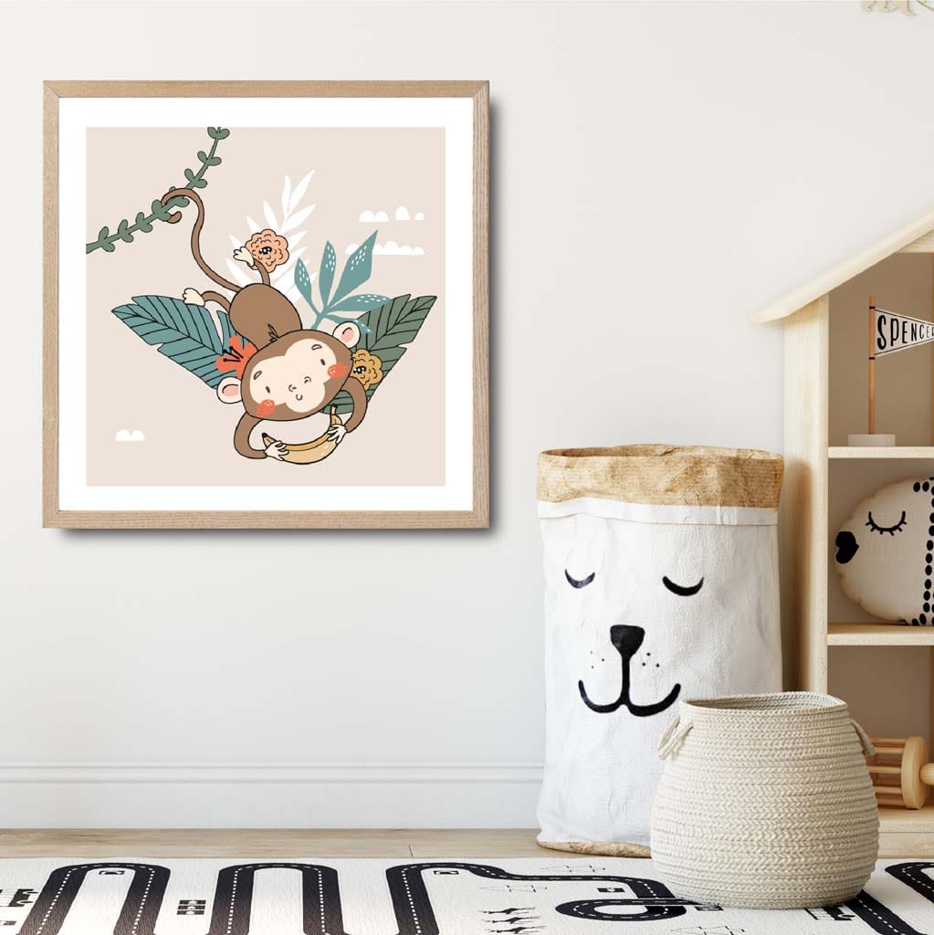 Cute Monkey Poster on Beige Jungle Kids Wall Art