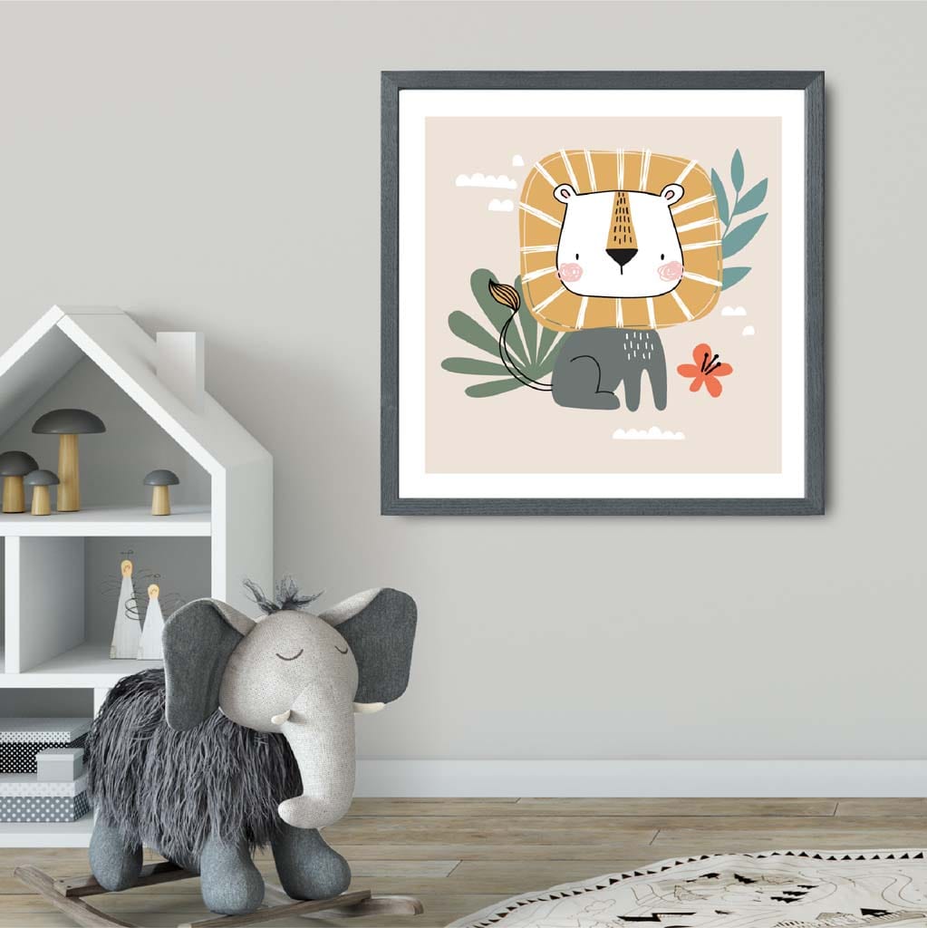 Cute Lion Poster on Beige Jungle Kids Wall Art