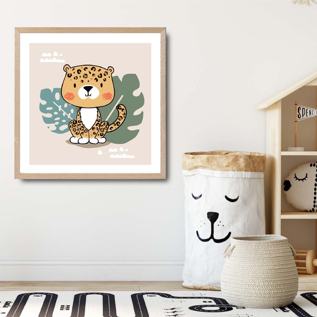 Cute Leopard Poster on Beige Jungle Kids Wall Art
