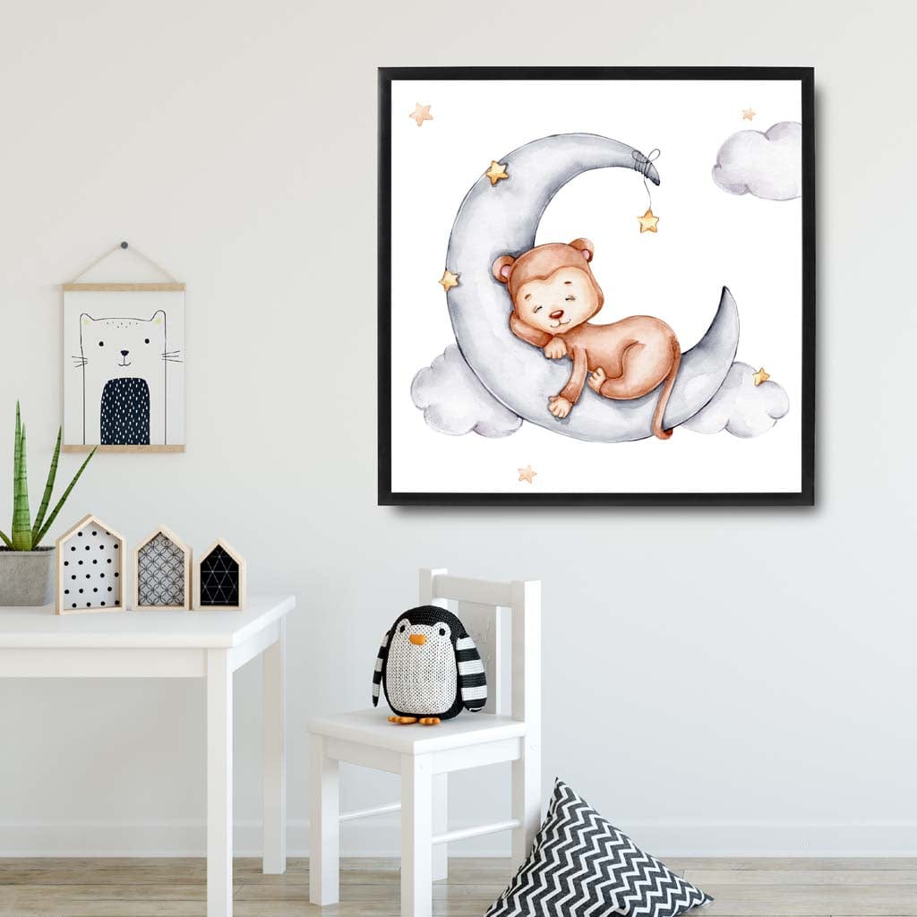 Cute Watercolour Monkey and Moon Poster Kids Wall Art
