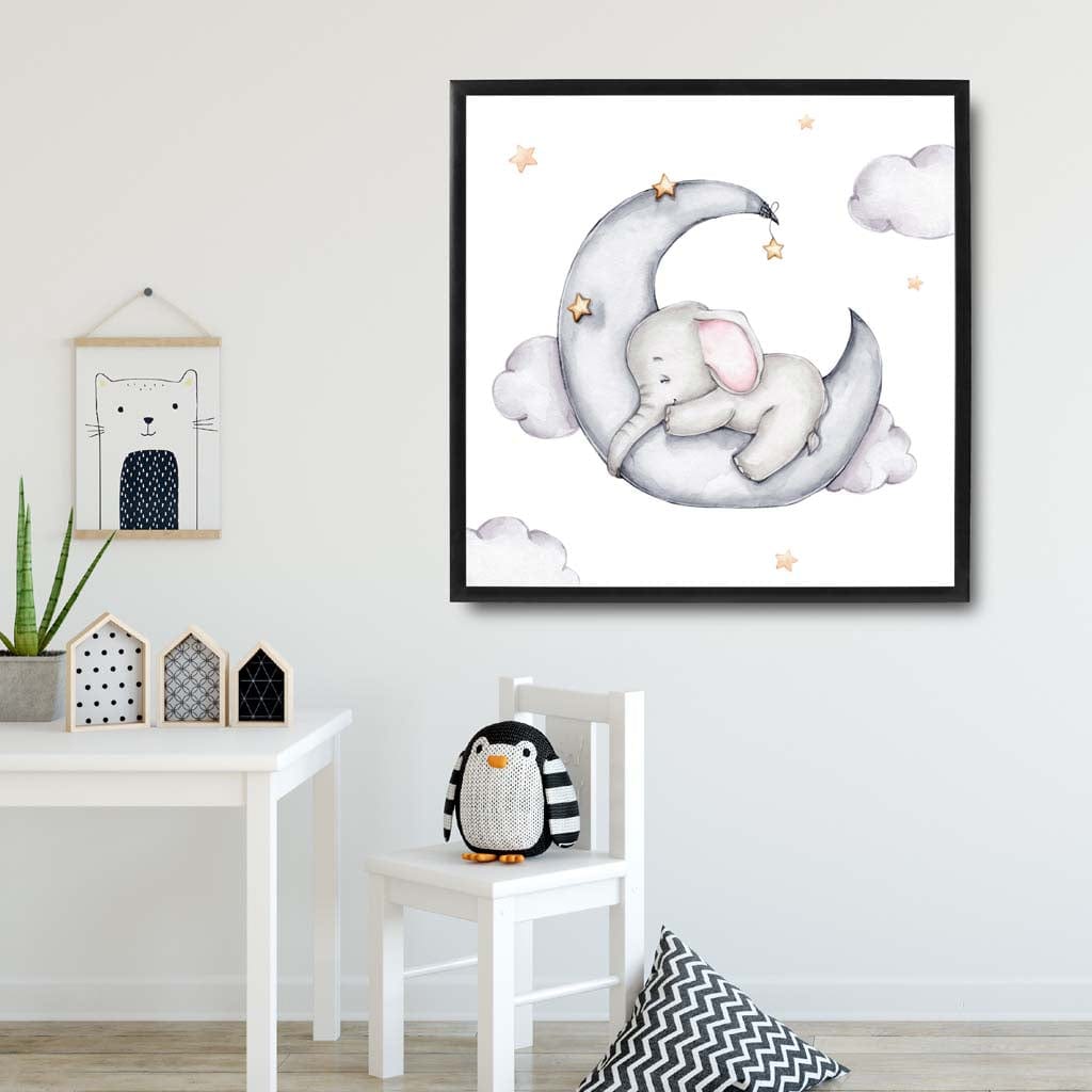 Cute Watercolour Elephant and Moon Poster Kids Wall Art
