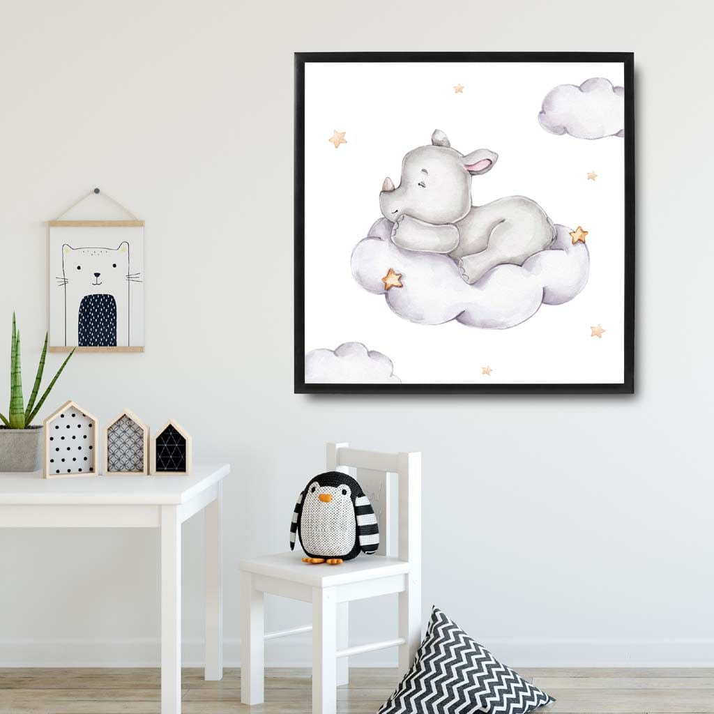 Cute Watercolour Rhino and Cloud Poster Kids Wall Art