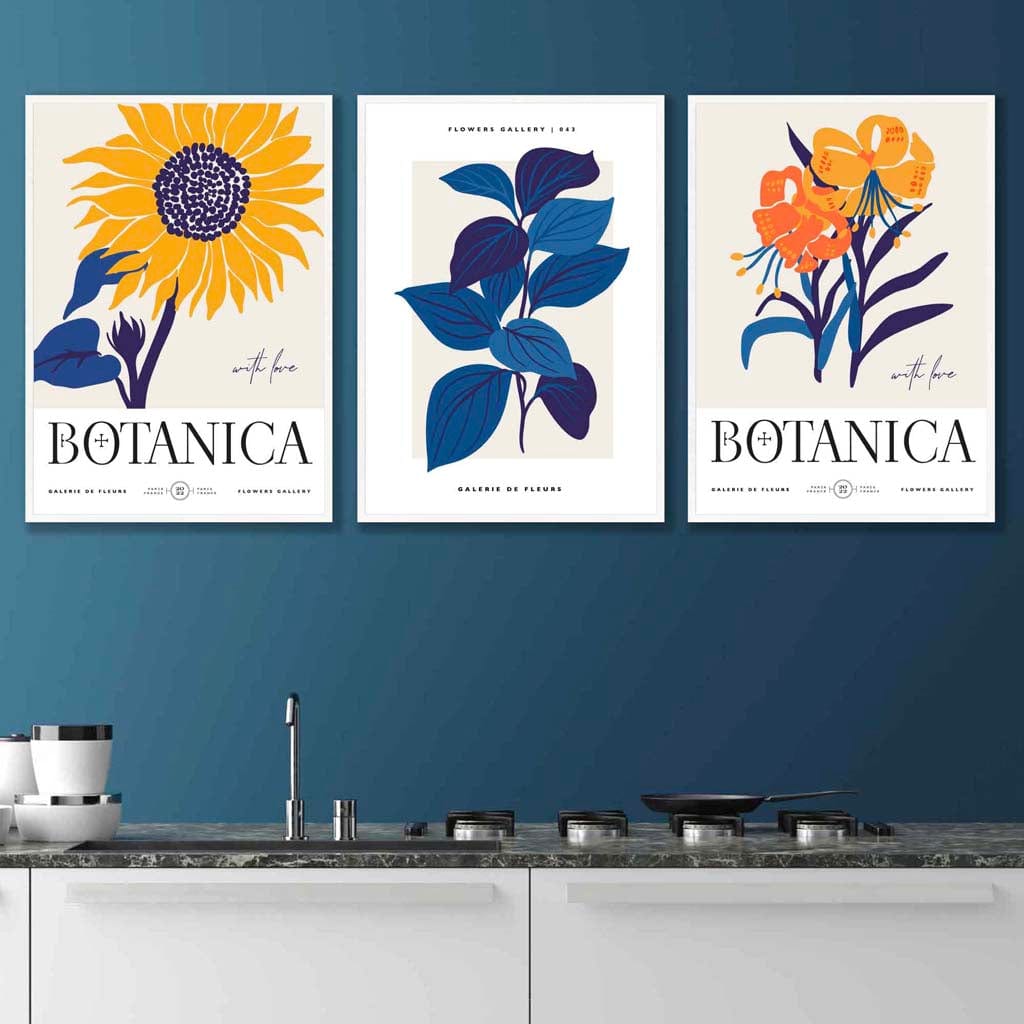 Set of 3 Blue & Yellow Floral Boho Sunflower Wall Art Prints