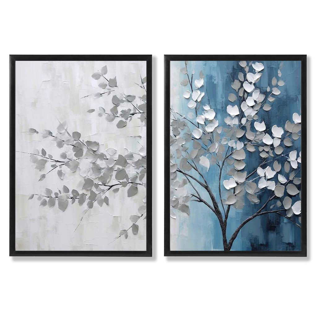 Blue and Grey Tree Diptych Set of 2 Art Prints with Black Frame