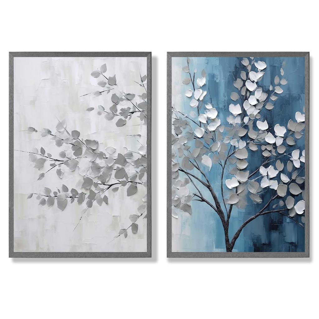 Blue and Grey Tree Diptych Set of 2 Art Prints with Dark Grey Frame