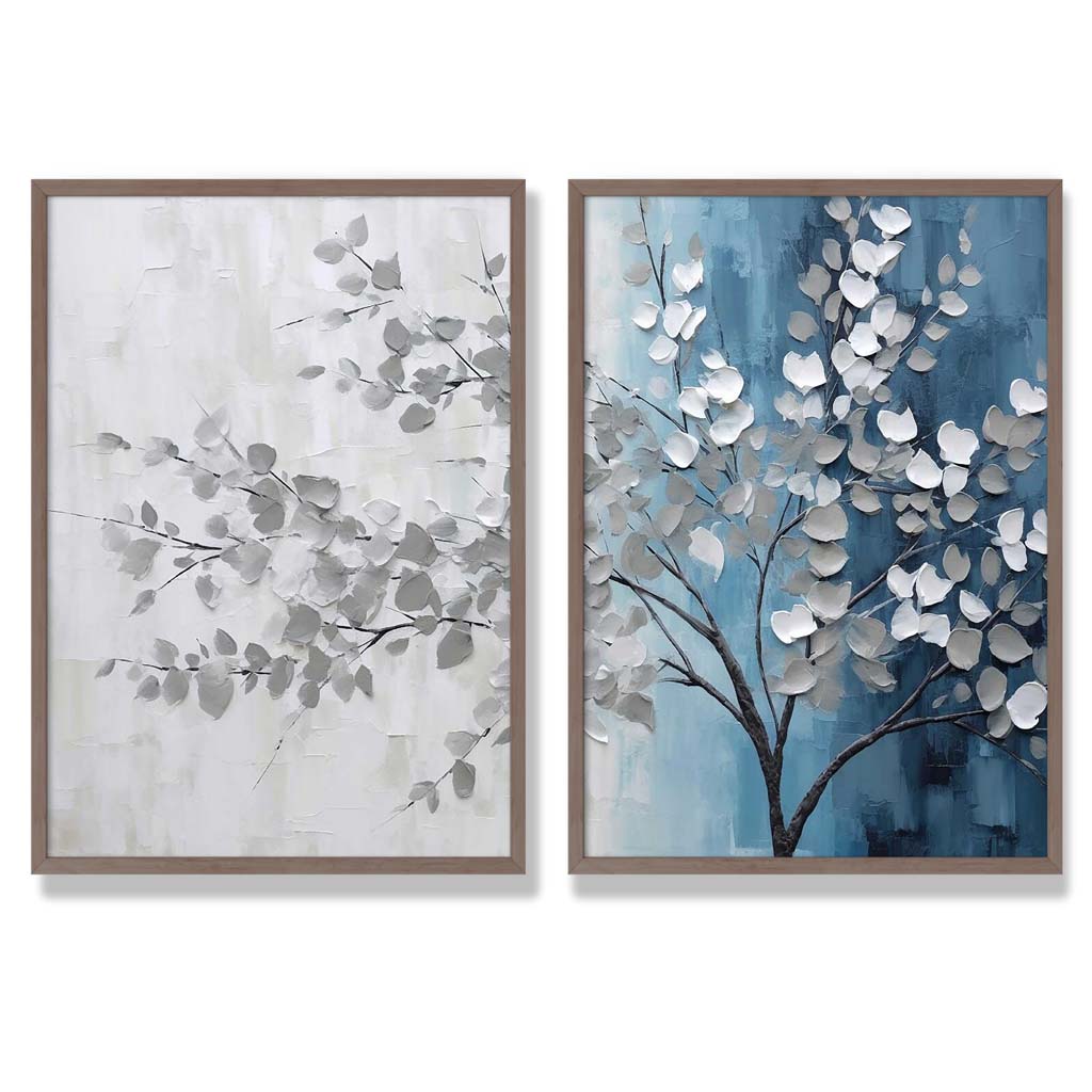 Blue and Grey Tree Diptych Set of 2 Art Prints with Walnut Frame