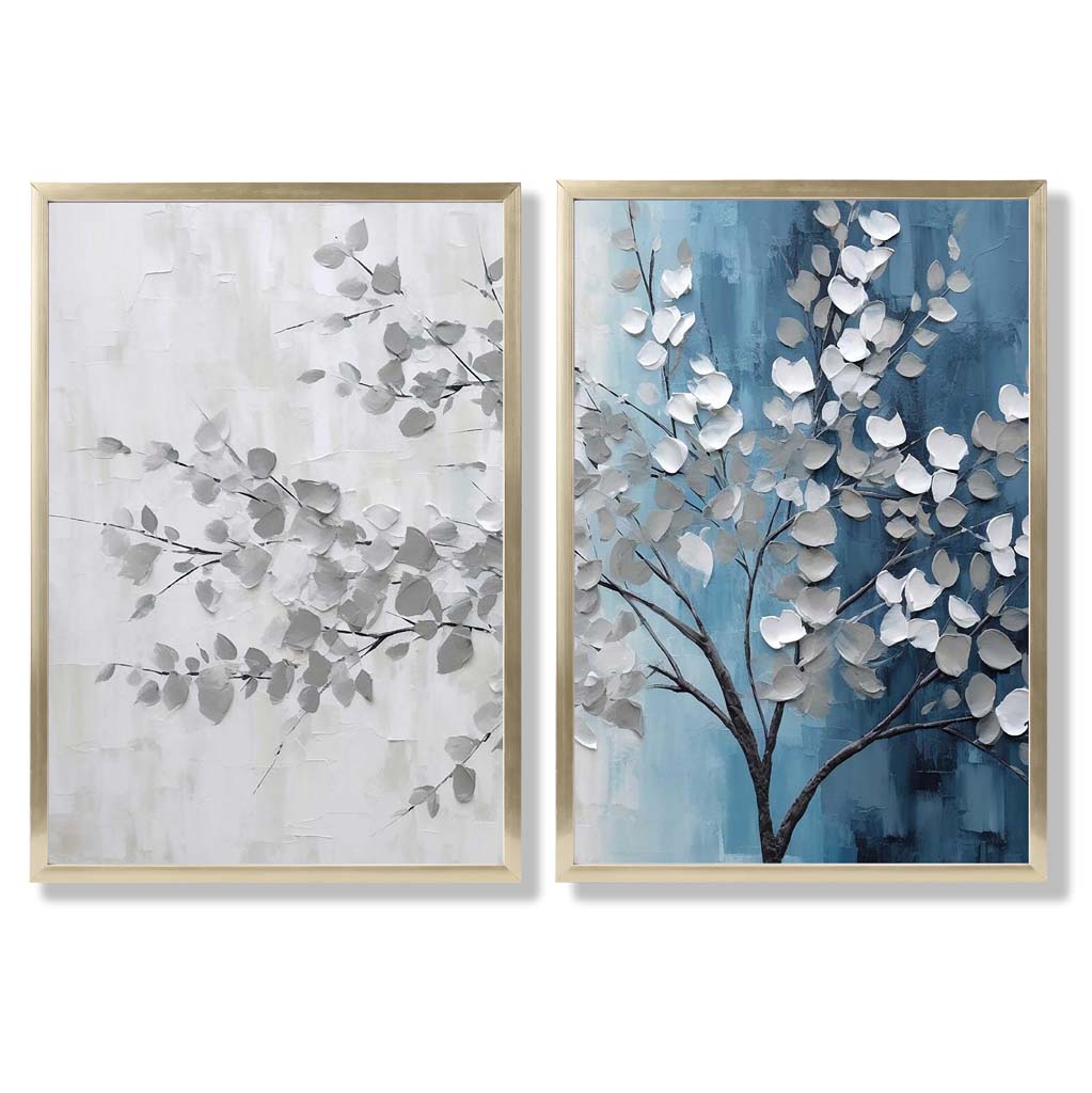 Blue and Grey Tree Diptych Set of 2 Art Prints with Gold Frame
