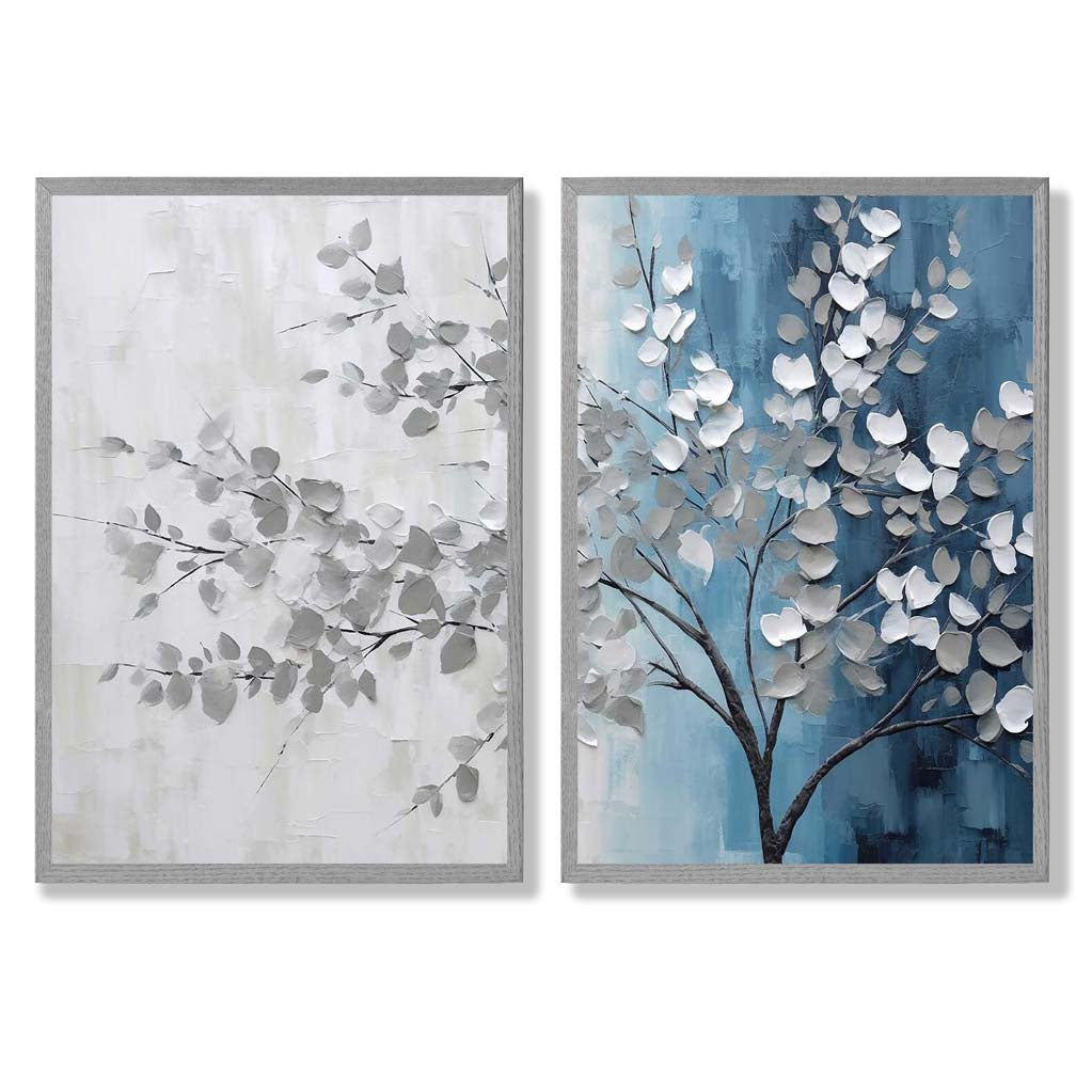 Blue and Grey Tree Diptych Set of 2 Art Prints with Light Grey Frame