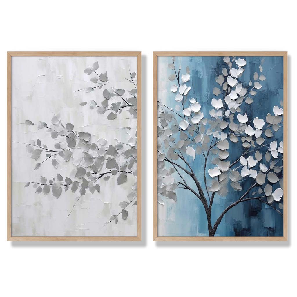 Blue and Grey Tree Diptych Set of 2 Art Prints with Oak Frame