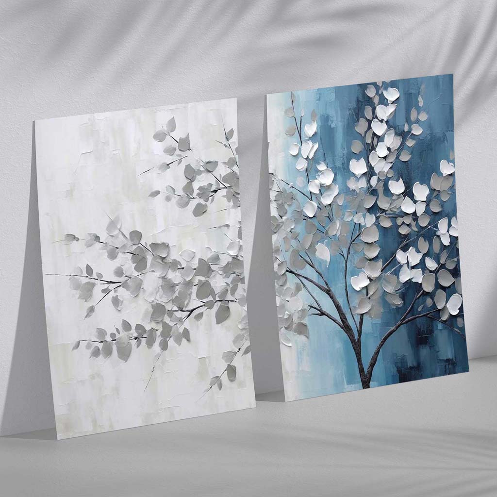 Blue and Grey Tree Diptych Set of 2 Art Prints
