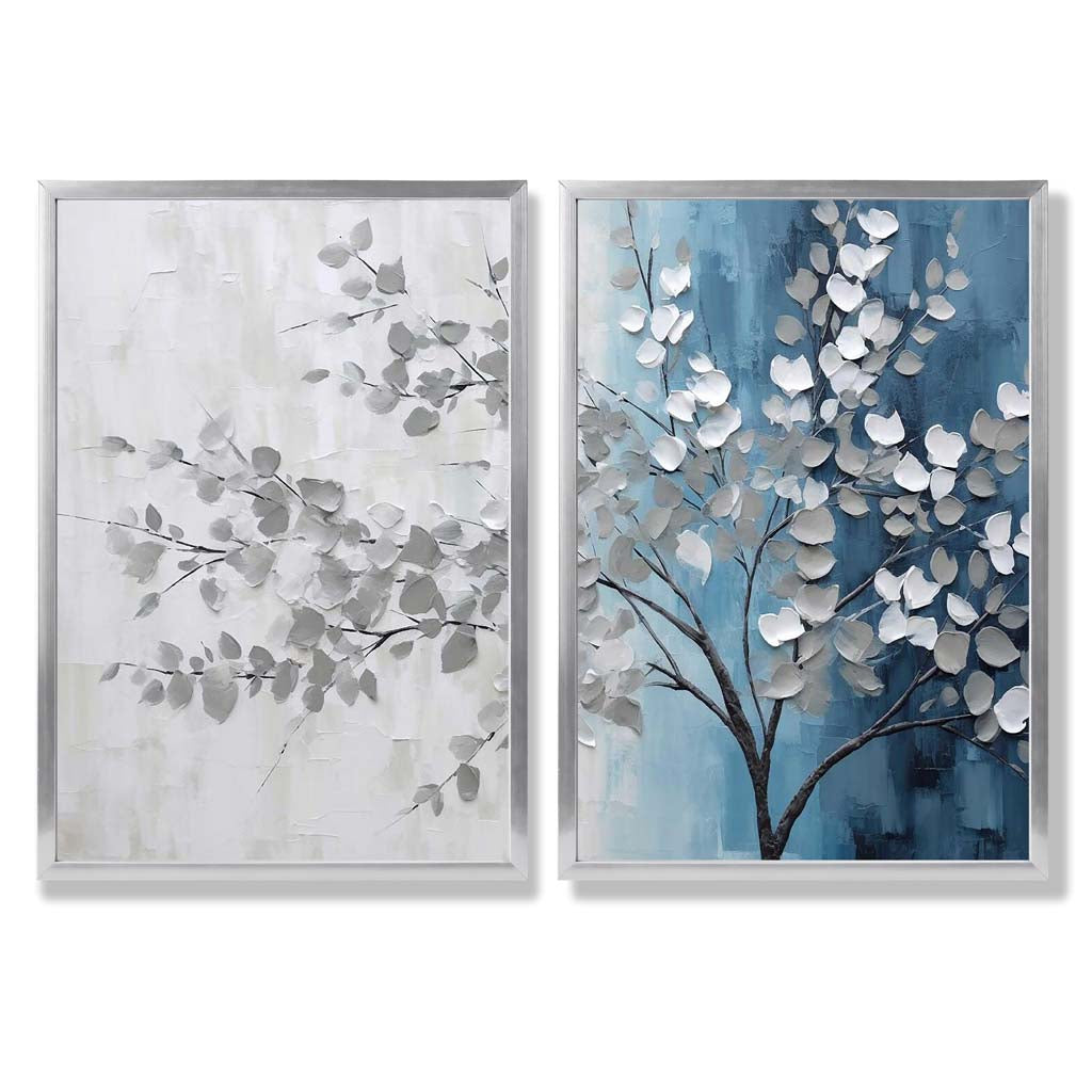 Blue and Grey Tree Diptych Set of 2 Art Prints with Silver Frame