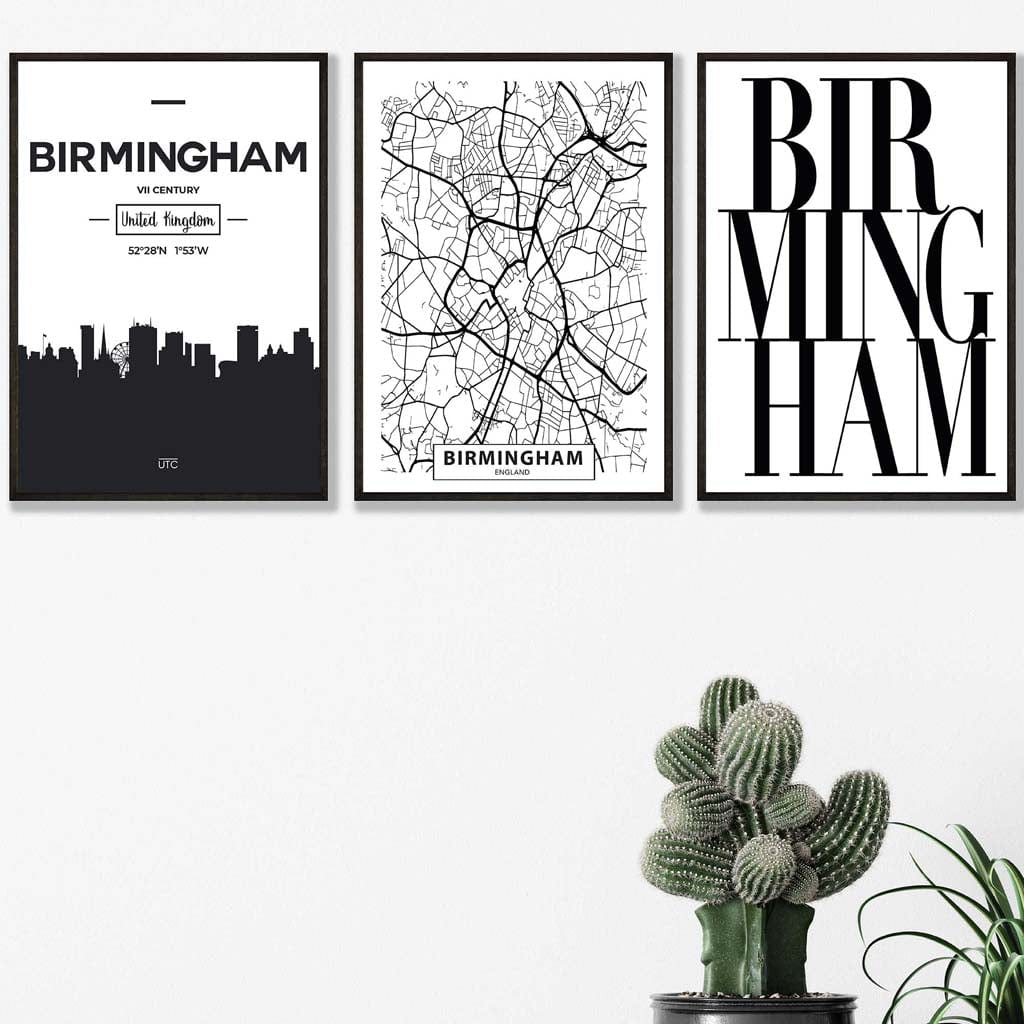 Set of 3 Birmingham Skyline Street map City Prints