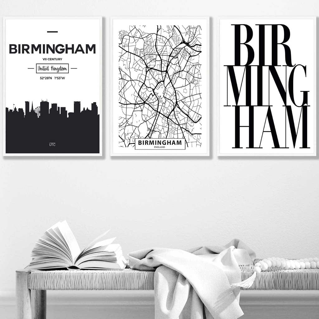 Set of 3 Birmingham Skyline Street map City Prints