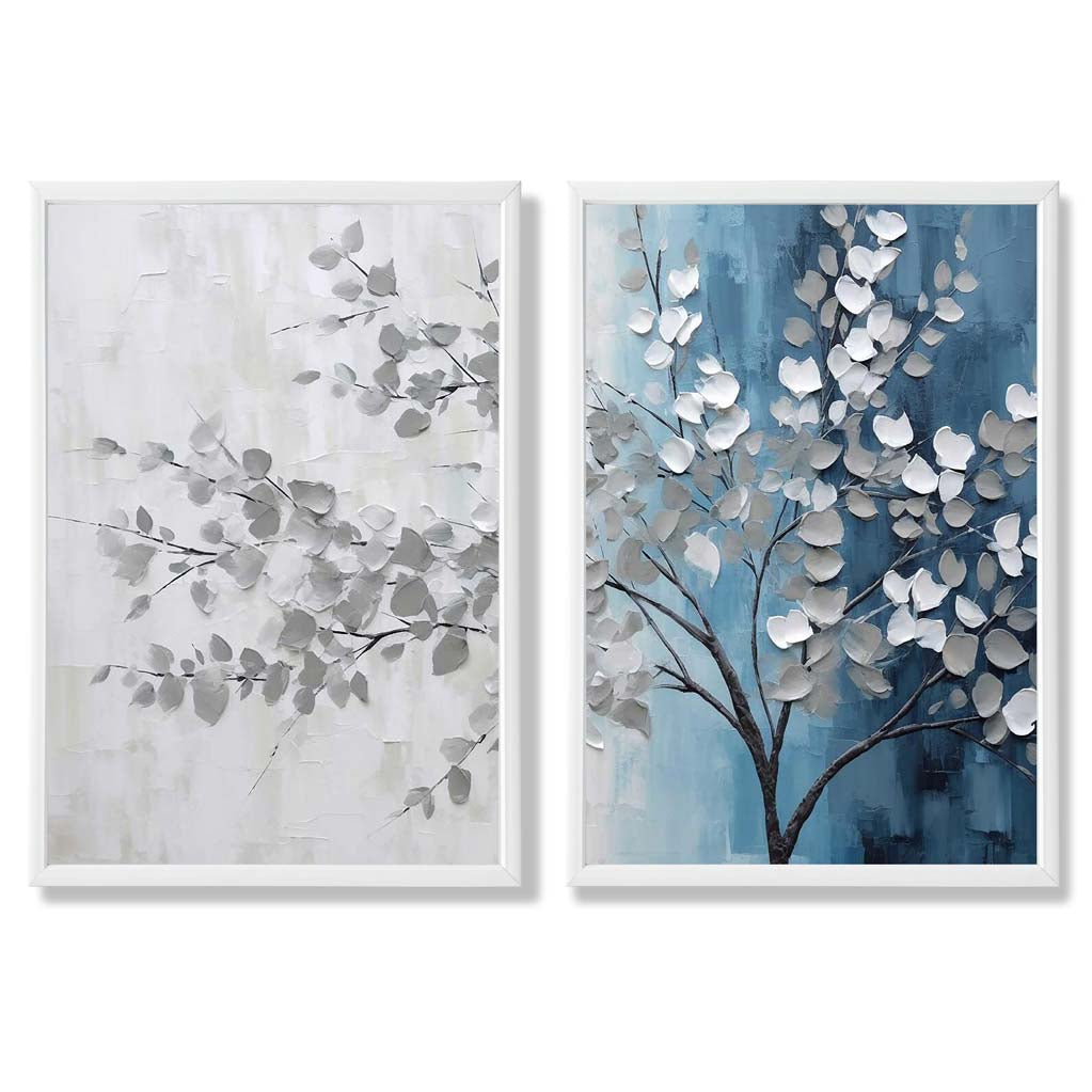 Blue and Grey Tree Diptych Set of 2 Art Prints with White Frame
