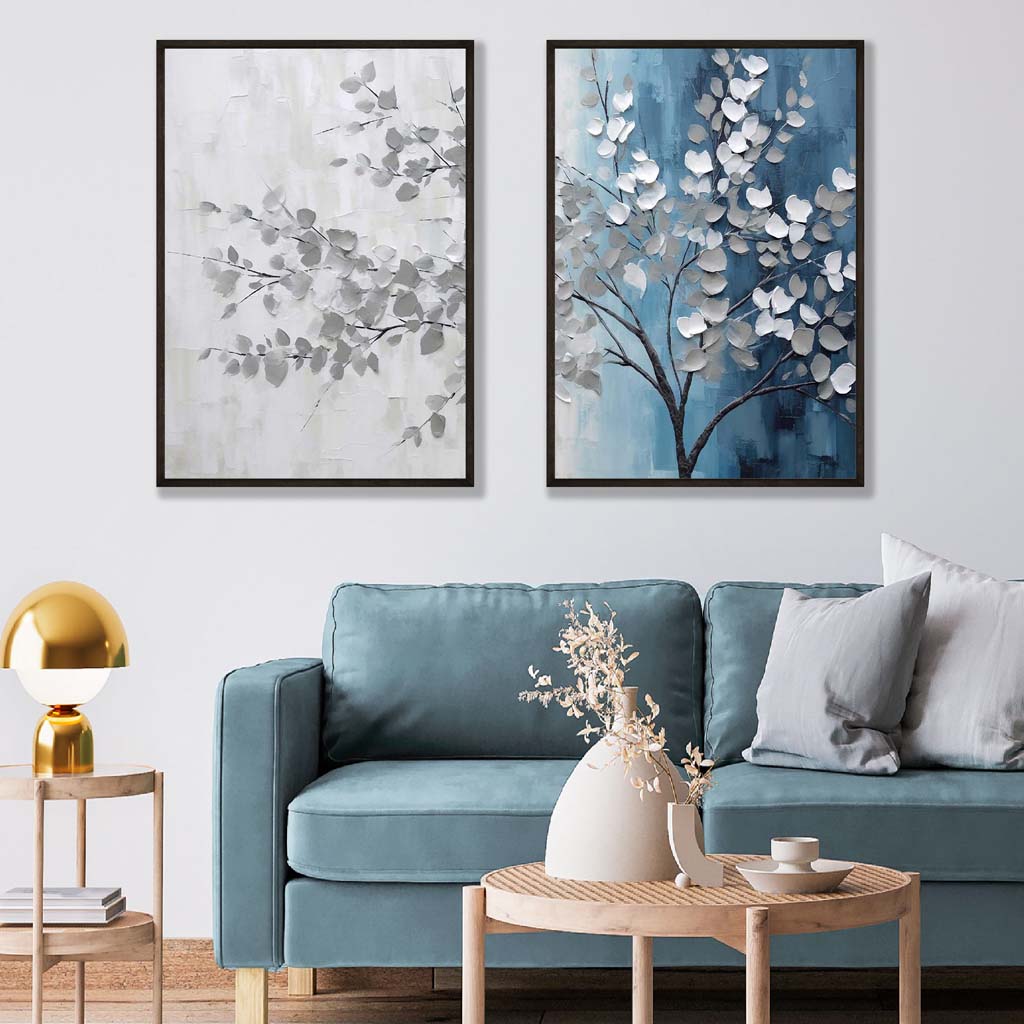 Blue and Grey Tree diptych Set of 2 Art Poster | Artze Wall Art UK