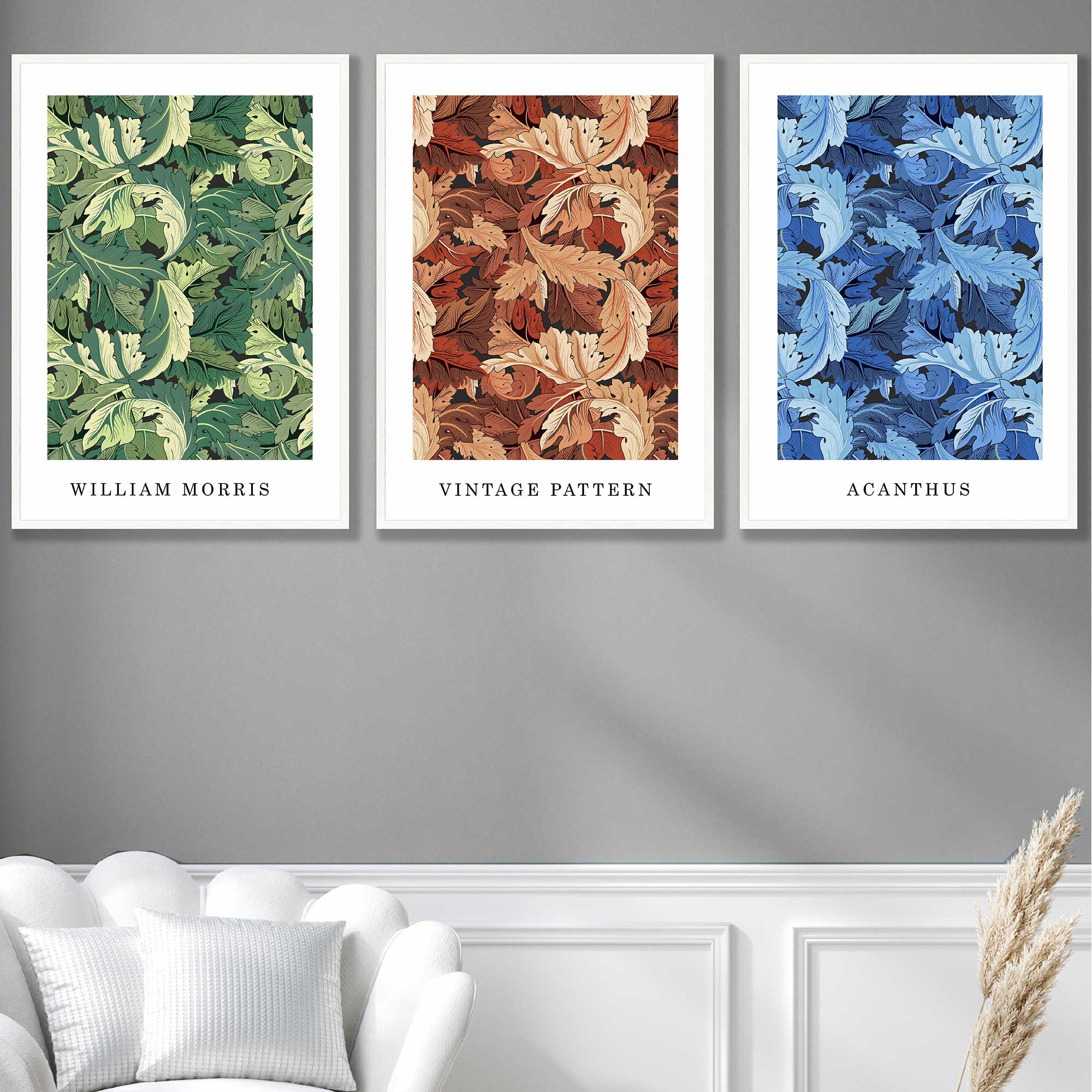 William Morris Vintage Floral Wall Art Prints in Blue Green and Tan