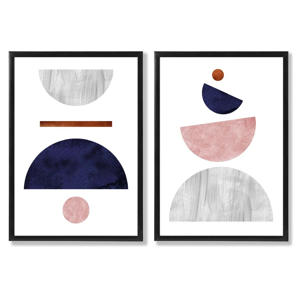 Mid Century Modern Navy Blue and Pink Set of 2 Art Prints with Black Frame