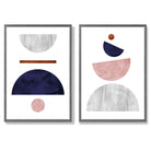 Mid Century Modern Navy Blue and Pink Set of 2 Art Prints with Dark Grey Frame