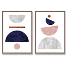 Mid Century Modern Navy Blue and Pink Set of 2 Art Prints with Walnut Frame