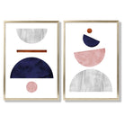 Mid Century Modern Navy Blue and Pink Set of 2 Art Prints with Gold Frame