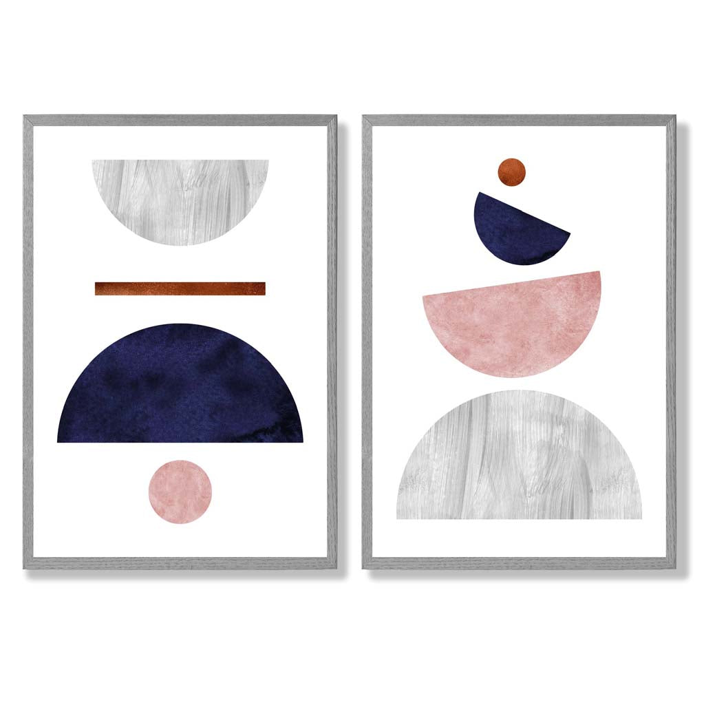 Mid Century Modern Navy Blue and Pink Set of 2 Art Prints with Light Grey Frame