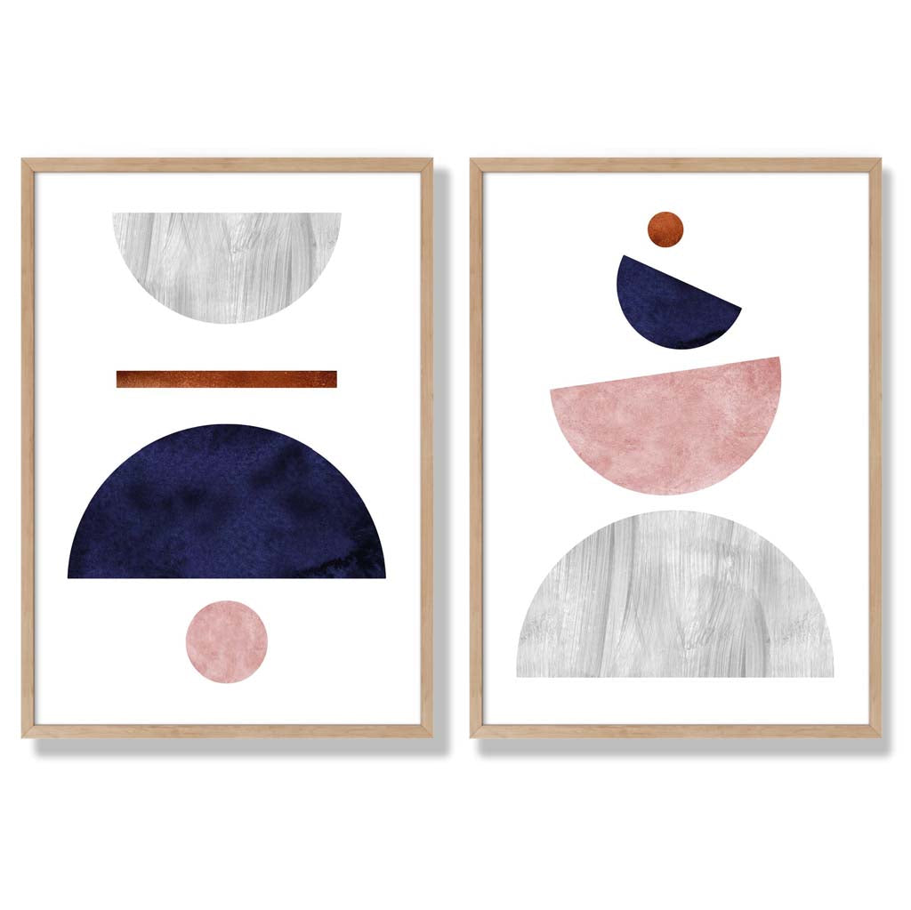 Mid Century Modern Navy Blue and Pink Set of 2 Art Prints with Oak Frame