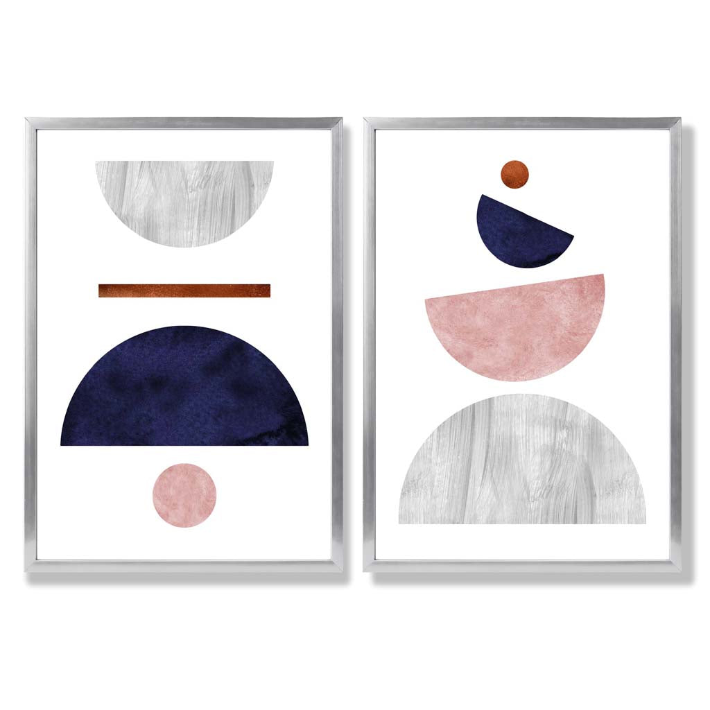 Mid Century Modern Navy Blue and Pink Set of 2 Art Prints with Silver Frame