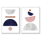 Mid Century Modern Navy Blue and Pink Set of 2 Art Prints with White Frame