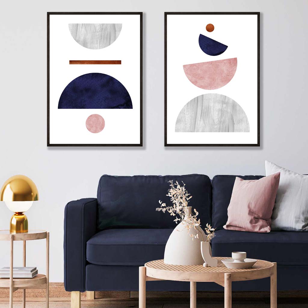 A Set of 2 Mid Century Modern Navy Blue and Pink Prints from Artze Wall Art UK