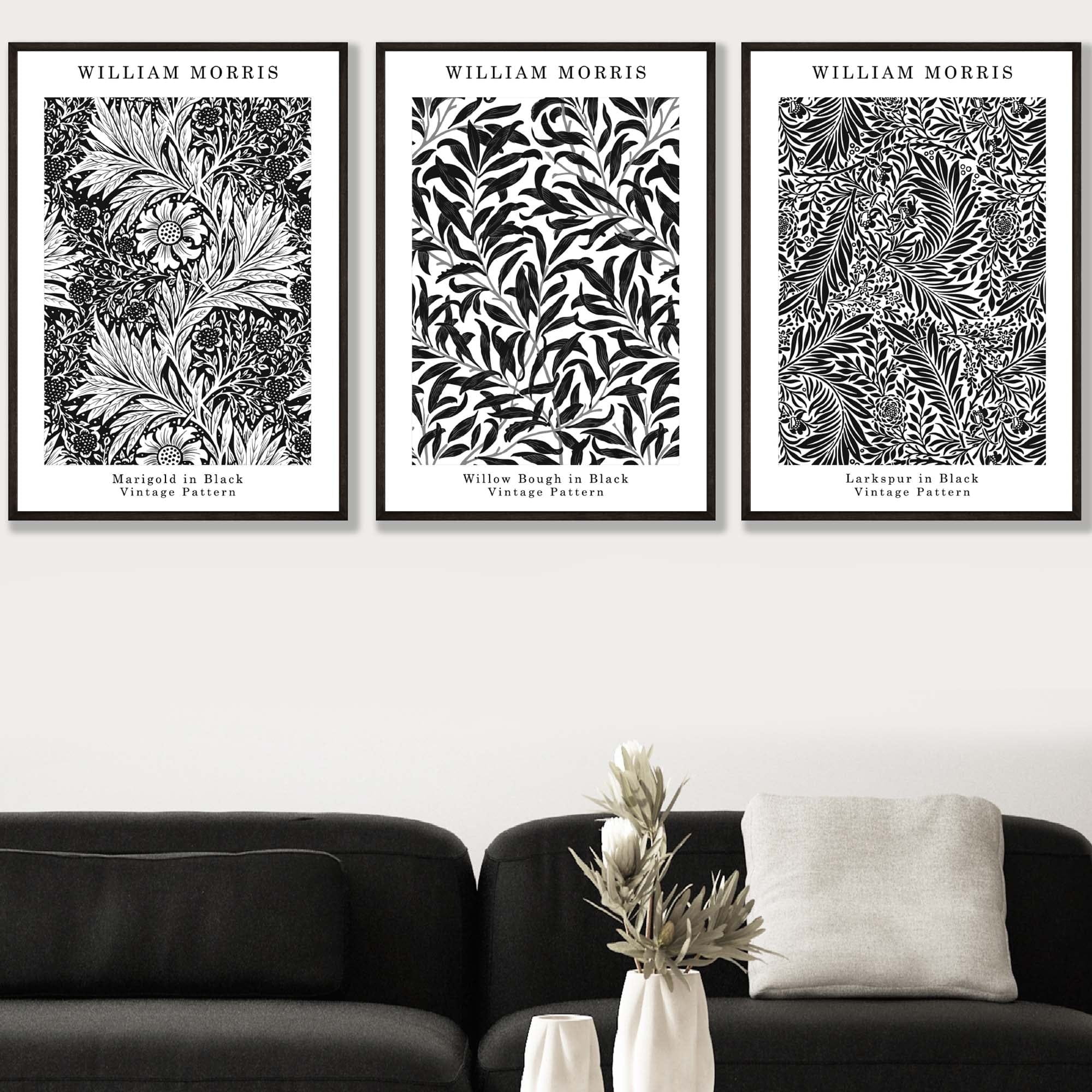 William Morris Vintage Floral Wall Art Prints in Black and White
