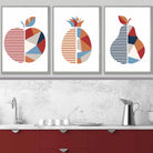 Set of 3 Red Blue Orange Geometric Apple Pineapple Pear Fruit Wall Art