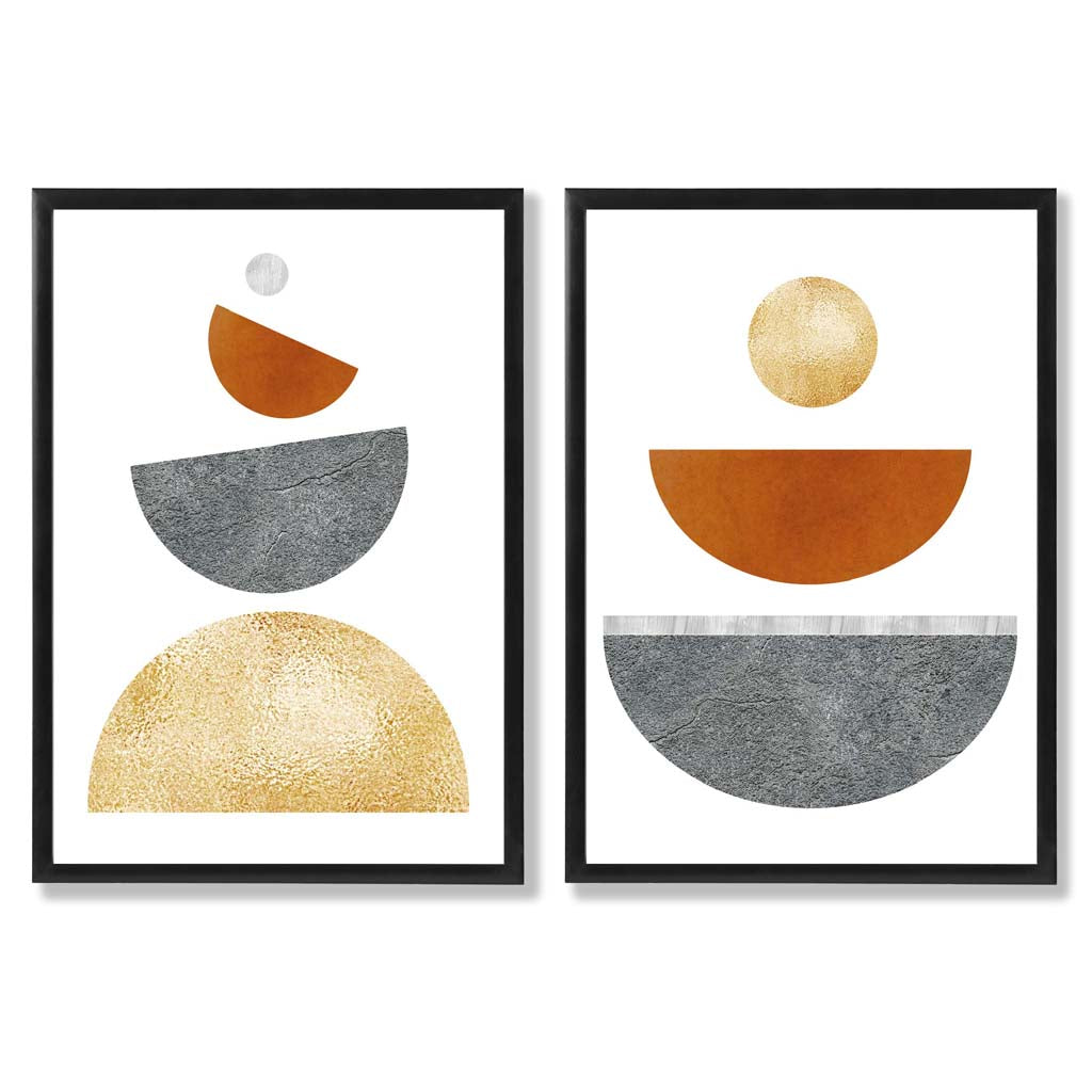 Mid Century Modern Orange and Grey Set of 2 Art Prints with Black Frame