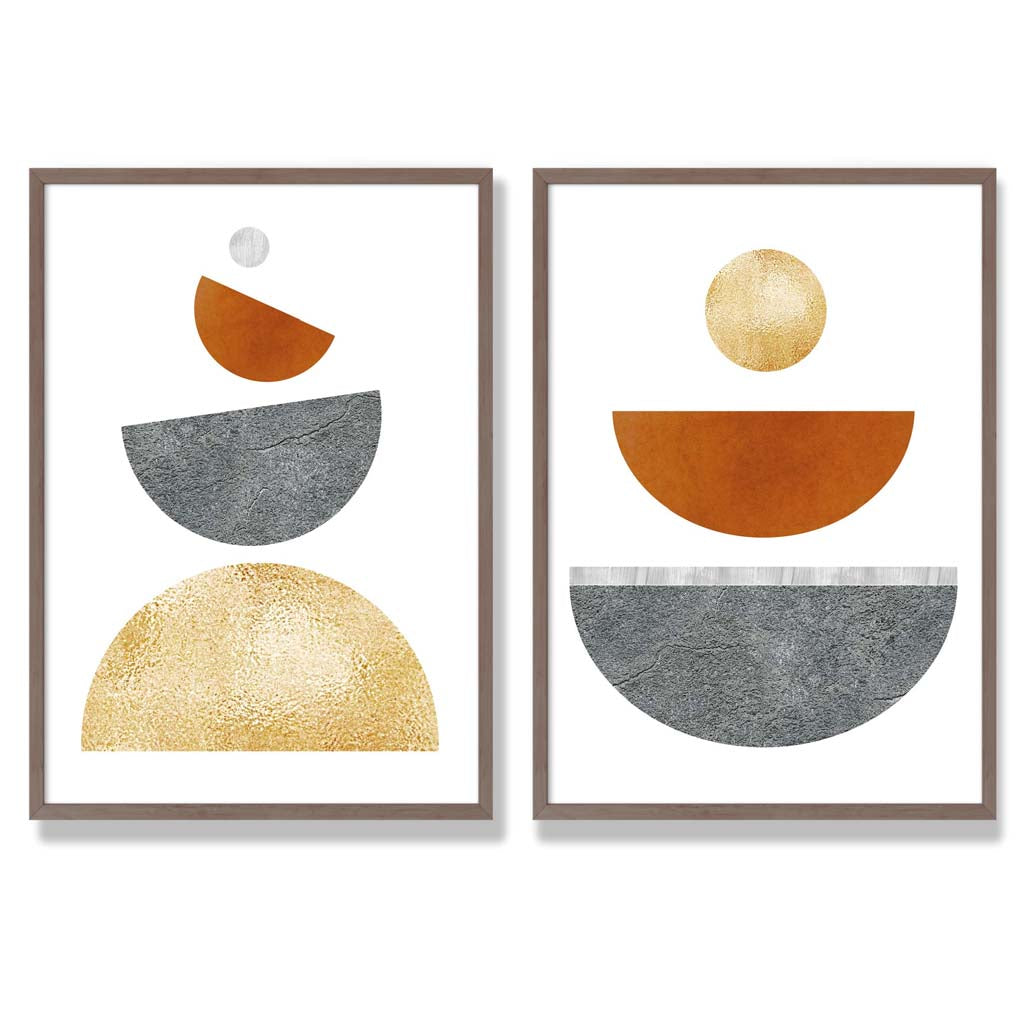 Mid Century Modern Orange and Grey Set of 2 Art Prints with Walnut Frame