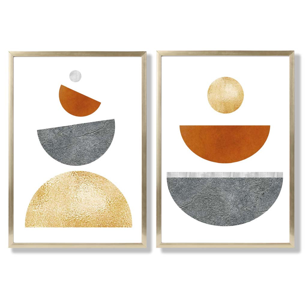 Mid Century Modern Orange and Grey Set of 2 Art Prints with Gold Frame