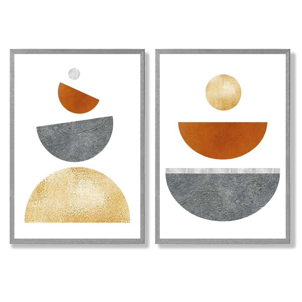 Mid Century Modern Orange and Grey Set of 2 Art Prints with Light Grey Frame