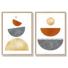 Mid Century Modern Orange and Grey Set of 2 Art Prints with Oak Frame