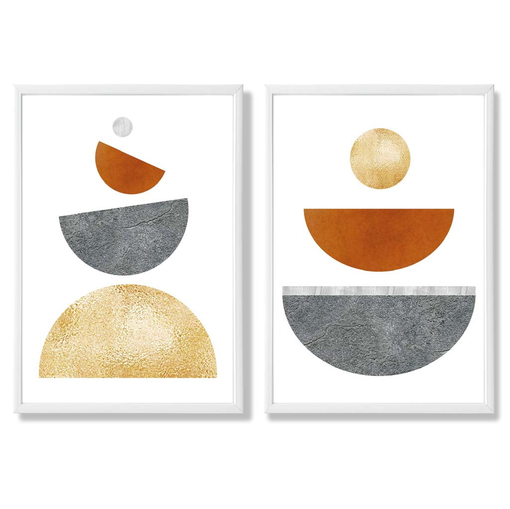 Mid Century Modern Orange and Grey Set of 2 Art Prints with White Frame