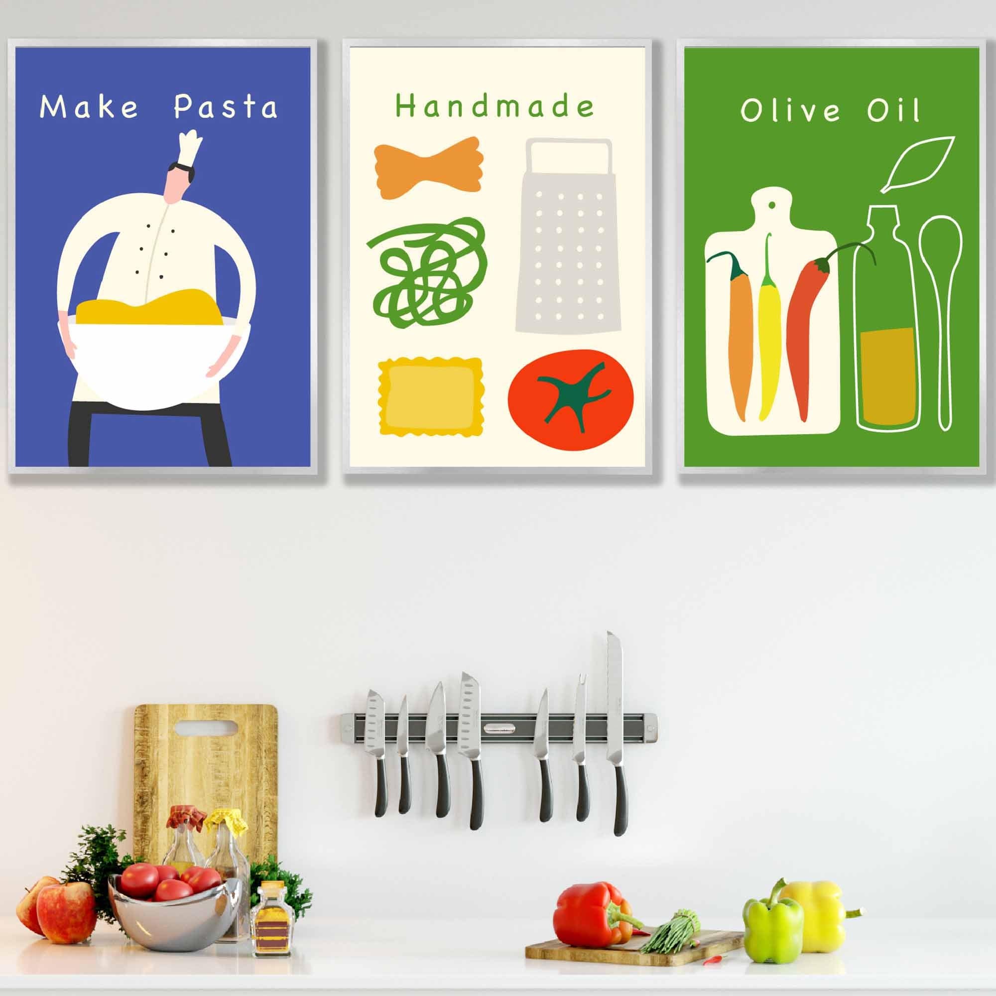 Set of 3 FRAMED Kitchen Quote Wall Art Prints in Red, Blue and Green | Artze Wall Art UK