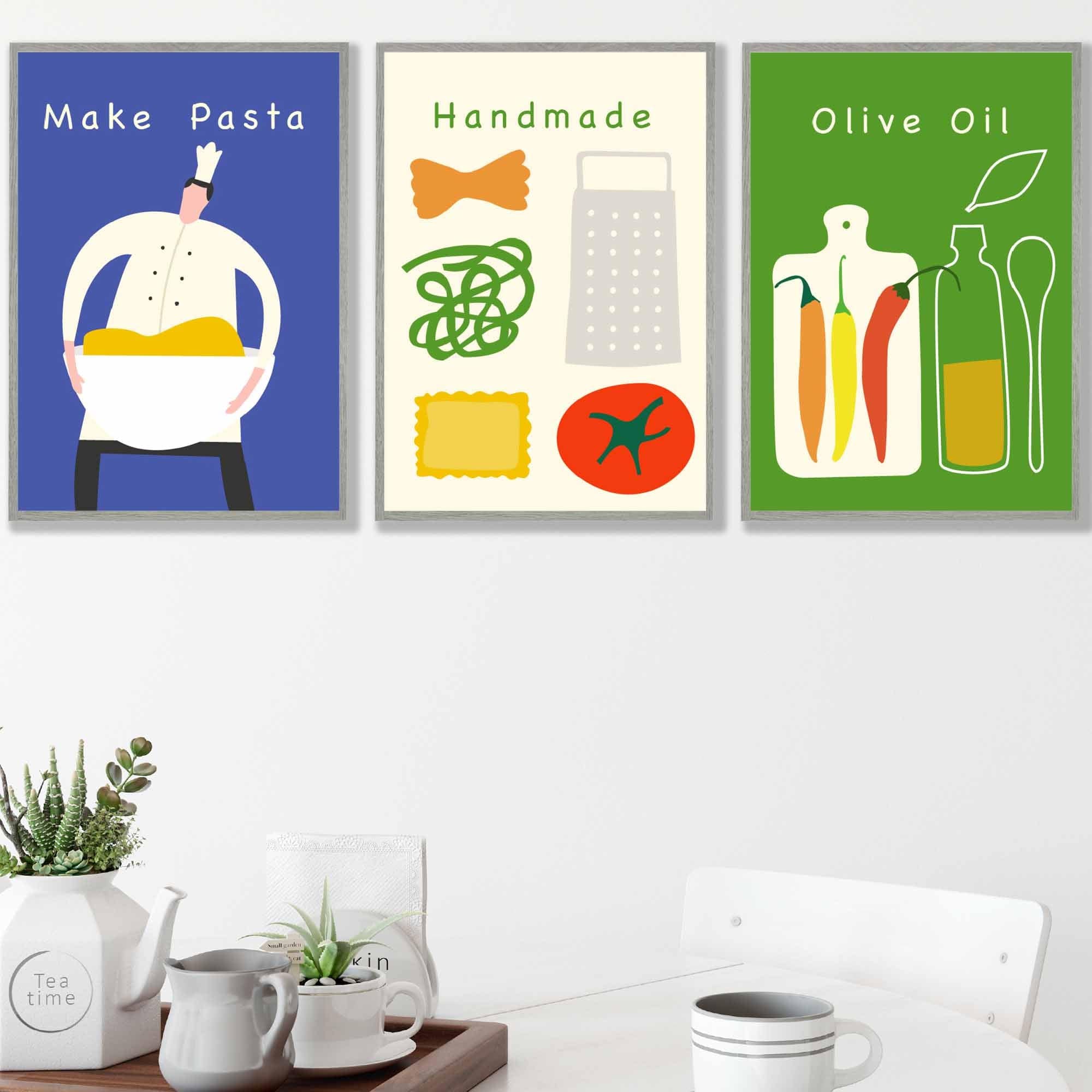 Set of 3 FRAMED Kitchen Quote Wall Art Prints in Red, Blue and Green | Artze Wall Art UK