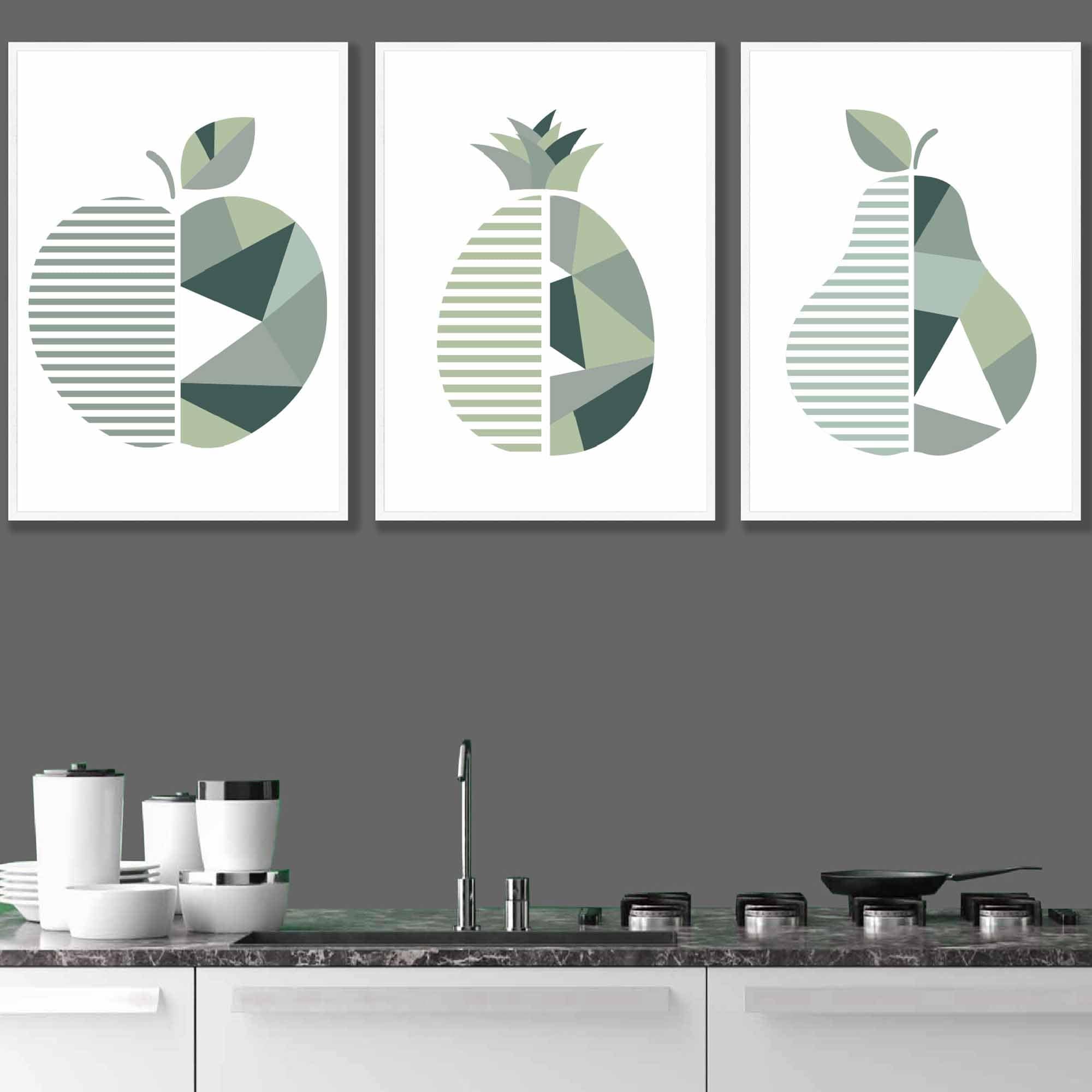 Set of 3 Sage Green Geometric Apple Pineapple Pear Fruit Wall Art