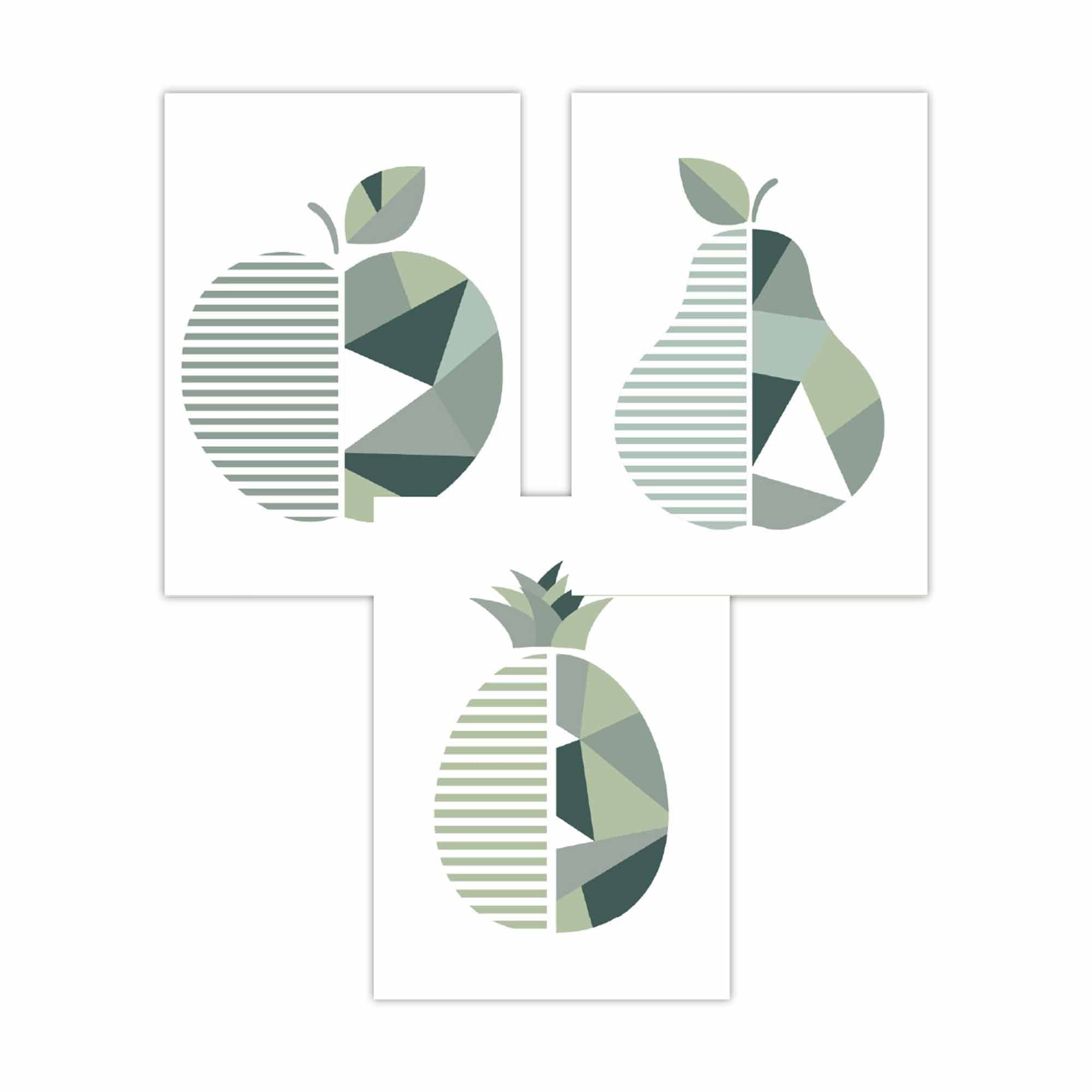 Set of 3 Sage Green Geometric Apple Pineapple Pear Fruit Wall Art